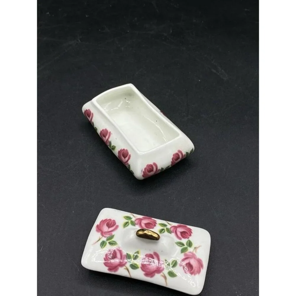 Sandford Pottery England Fine Bone China Trinket Box Pink Roses Vintage